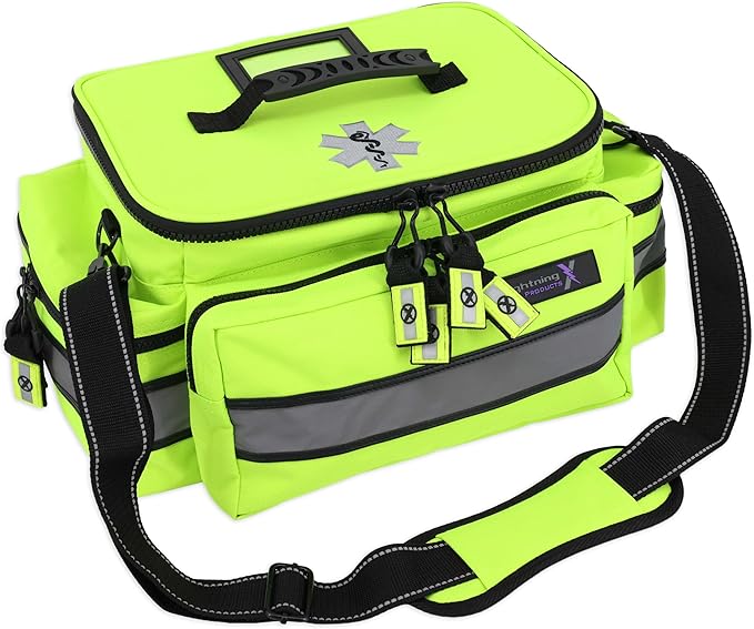 Lightning X Products Lightning X Mid-Sized First Responder EMT Bag | LXMB25 Fully Stocked Aid Kit w/ 200+ BLS Supplies - Fluorescent Yellow