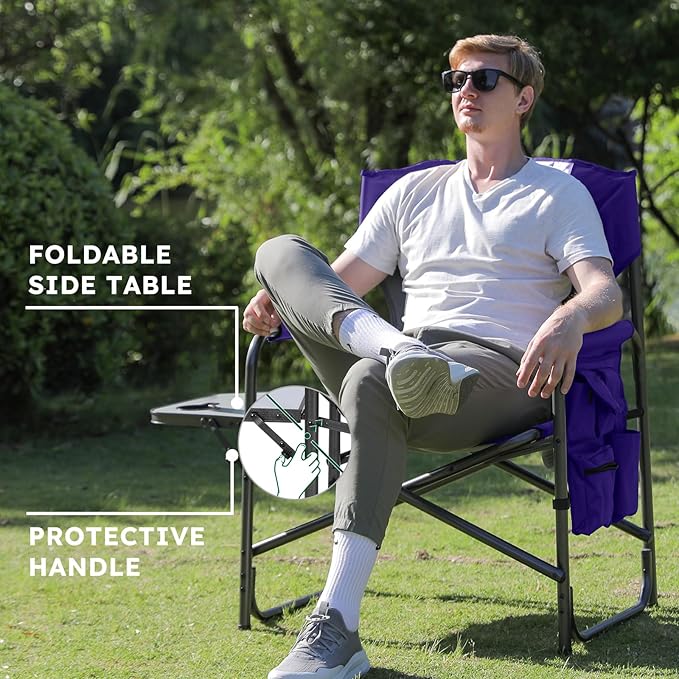 Colegence Oversized Directors Camping Chair Set of 2 Support 600 LBS, Heavy Duty Folding Outdoor Chairs with Side Pocket and Adjustable Side Table for Outside Beach,Lawn,Fishing, Deep Purple