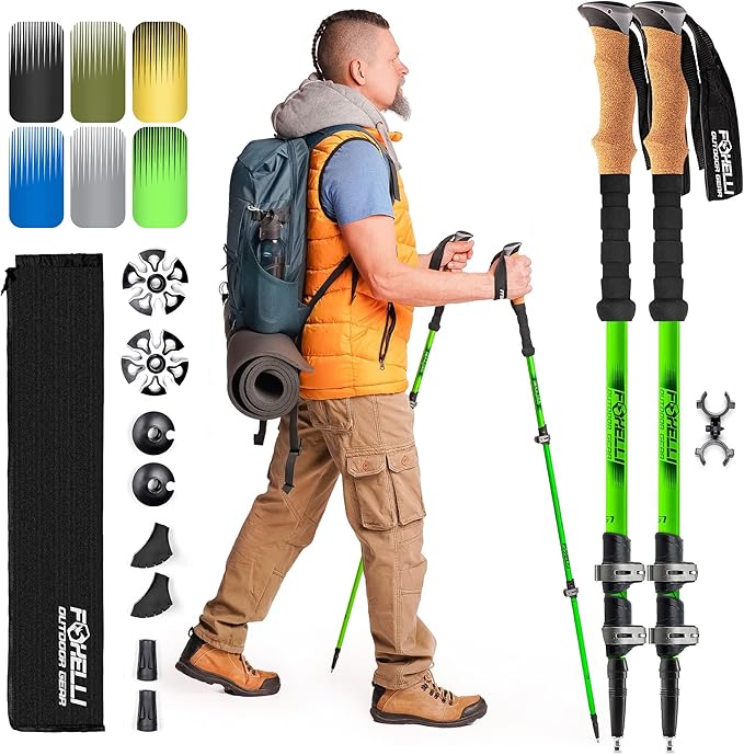 Foxelli Trekking Poles – Lightweight Collapsible Aircraft Grade Aluminum Hiking Poles with Cork Grips Quick Locks & All-Terrain Accessories – Pair of 2