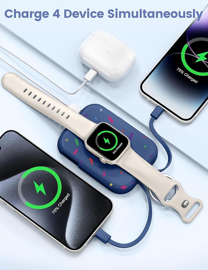 RORRY CharmGo Portable Charger, 5000mAh Portable Charger Power Bank with Built-in Cables, Travel Keychain Battery Pack for Apple Watch and iPhone Air/17/16/15/14/13/12, Confetti-Deepblue