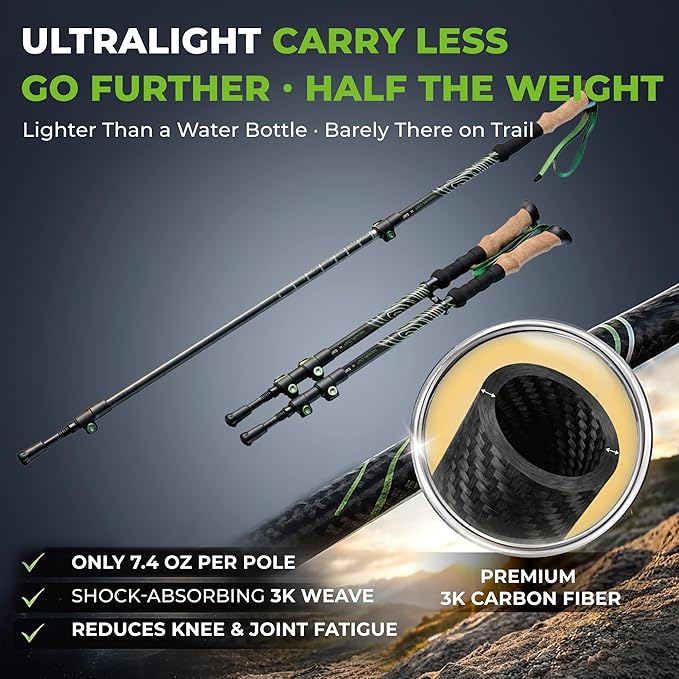Trekology 3K Carbon Fiber Trekking Poles (210g) - Pair of Ultralight Hiking Poles with Cork Grips, Collapsible Telescopic Walking Sticks, Metal Flip-Locks & 10pc All-Terrain Accessory Kit