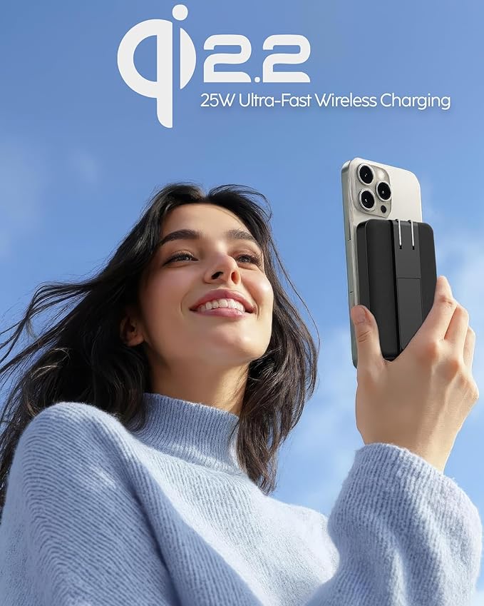 myCharge CliqLuxe+ Magnetic Wireless Power Bank 10,000mAh | iPhone & MagSafe Compatible | Qi2.2 25W Mag Safe Portable Charger | Built-in Wall Plug & Stand | 20W PD USB-C Port | Premium Black Fabric