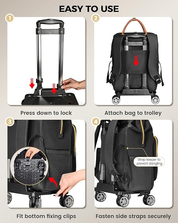 Ytonet Rolling Backpack for Women, 15.6 In Rolling Laptop Backpack with 4 Spinner Wheels, 2 In 1 Roller Travel Backpacks with Detachable Trolley, Carry On Rolling Laptop Bag for College Business Work