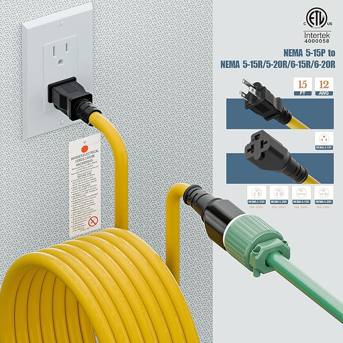 4 in1 NEMA 5-15P Extension Cord, Winxus 15FT NEMA 5-15P to 5-15R, 5-20R, 6-15R, 6-20R Adapter Cord, 15A to 20A AC Adapter Cable, 15Feet 3 Prong Extension Cords