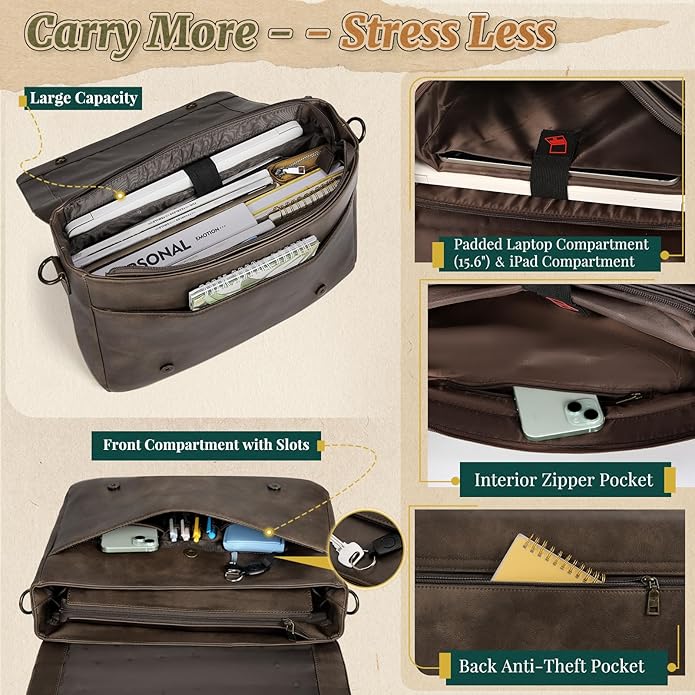 RAINSMORE Vintage Flap Messenger Bag for Men PU Leather Laptop Bag 15.6 Inch Mens Briefcase Waterproof Satchel Computer Bag