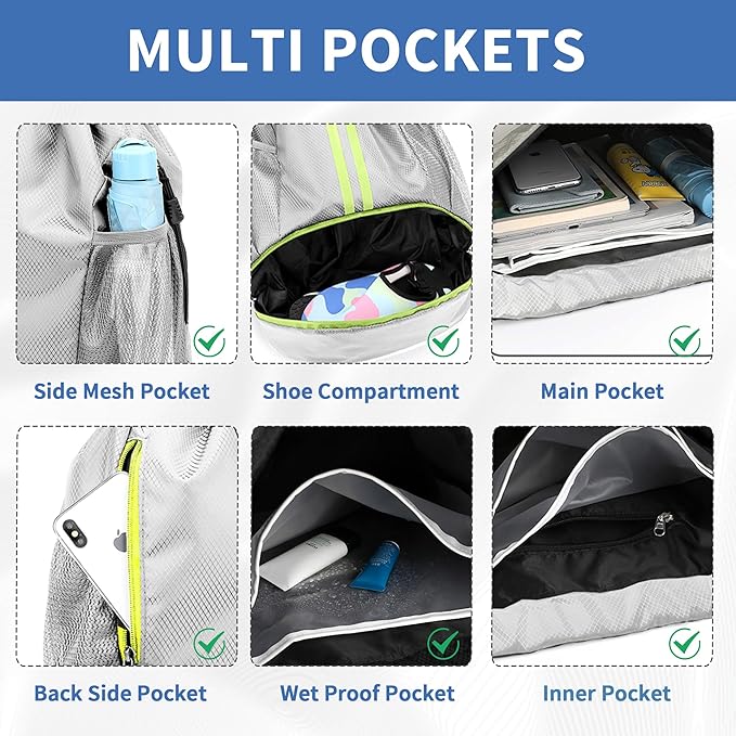JELUTAR Drawstring Backpack Gym Bag with Shoes Compartment for Soccer, Basketball, Swim, Water-Resistant String Backpack Beach Cinch for Women Men, Grey