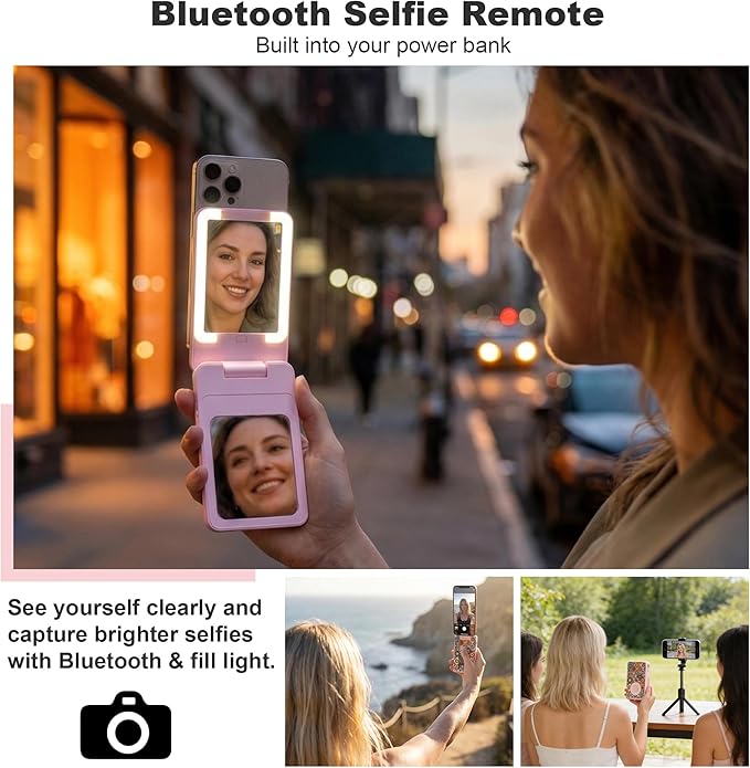 5-in-1 Magnetic Power Bank, 5000mAh Portable Wireless Charger with Mirror, Stand, Bluetooth Remote & Card Holder, MagSafe Compatible Travel Essential for iPhone & Samsung, USB-C Cable Included