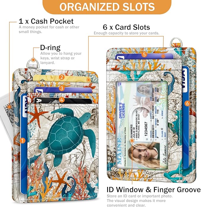 Yonlevres Credit Card Holder Slim Wallet, Sea Turtle RFID Wallet Women Front Pocket Small Card Holder Travel Cute Funny Thin Card Case ID Window PU Leather RFID Blocking Card Organizer Gifts Girls