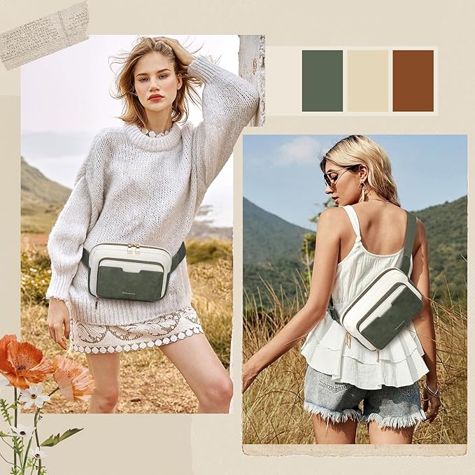 RAINSMORE Fanny Packs for Women, Leather Belt Bag Waterproof Everywhere Crossbody Waist Pack with Adjustable Strap Retro Sling Chest Bag for Work Running Travel Party, Dark Green with White