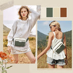 RAINSMORE Fanny Packs for Women, Leather Belt Bag Waterproof Everywhere Crossbody Waist Pack with Adjustable Strap Retro Sling Chest Bag for Work Running Travel Party, Dark Green with White