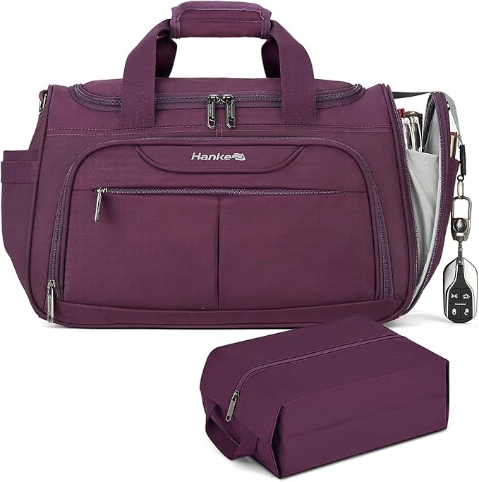 Hanke Large Capacity Travel Duffel Bag, Carry On Luggage with 12 Pockets, 17 Inch Laptop Compartment, Wet Dry Separation & Independent Shoe Bag, Lightweight Foldable Duffel Bag for Women Men（Purple）