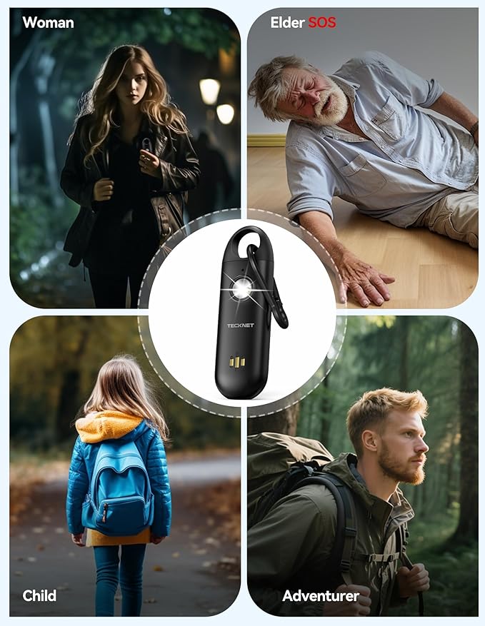 TECKNET Personal Safety Alarm,Portable Personal Alarm for Women with Flashing Strobe Light & Low Battery Alert,130dB Rechargeable Emergency Keychain Alarms for Women ,Men,Kids,Seniors(Black)