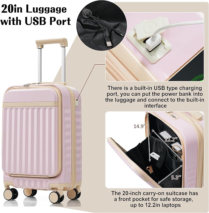Merax 3 Piece Luggage Set ABS Hardside Suitcase Sets with Spinner Wheels and TSA Lock, 20 inch with Front Opening Design and USB Port, 20" Airline Certified Carry-on Luggage, 20" 24" 28", Light Pink