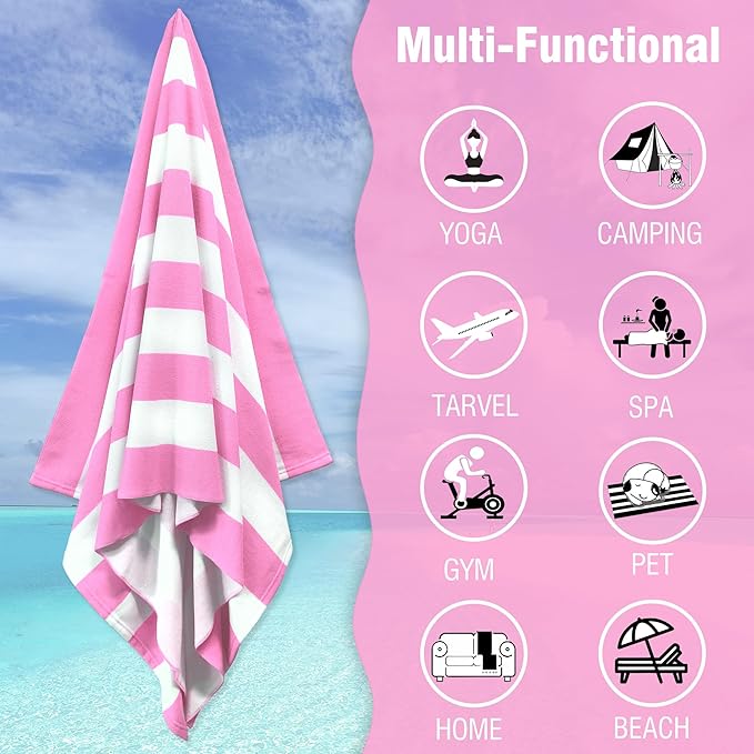 HENBAY Large Oversized Beach Towel - 35 x 70 Inch Microfiber Pool Towel, Pink Striped Quick Dry Cabana Swim Towel