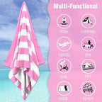 HENBAY Large Oversized Beach Towel - 35 x 70 Inch Microfiber Pool Towel, Pink Striped Quick Dry Cabana Swim Towel