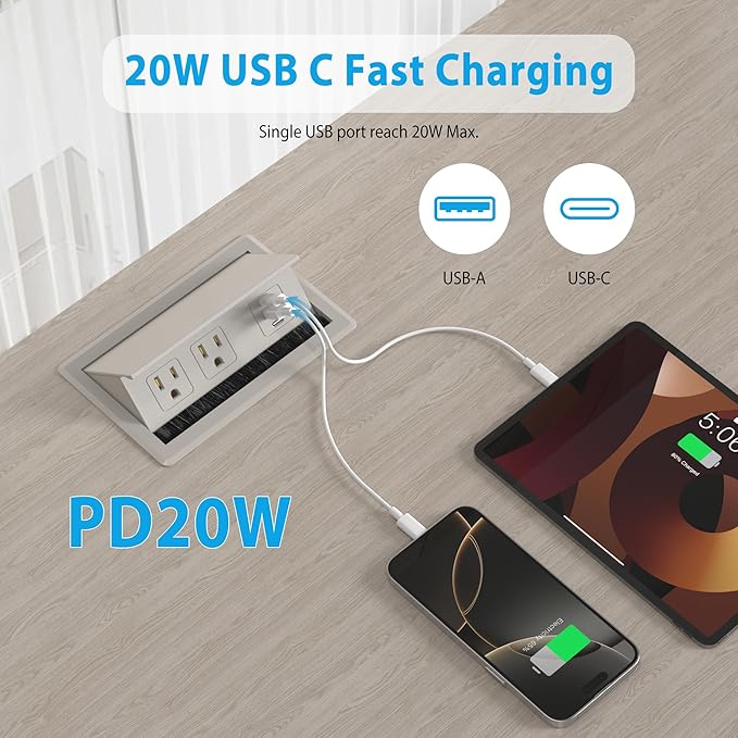 Table Power Outlet Hub PD20W USB-C Fast Charging Station, Recessed Outlet with 2AC Outlets and USB Ports for Conference Room Kitchen Countertop