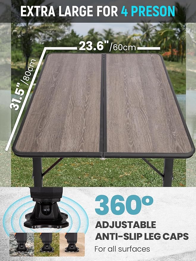 KingCamp Folding Glass Fiber Camping Table, Portable Camp Table with Adjustable Height Aluminum Legs & Carry Bag for Outdoor, Picnic, Beach, Party, Indoor, Use for 2-4 People
