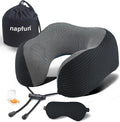 napfun Neck Pillow for Travel with Travel Pouch, Sleep Mask & Earplugs, Memory Foam Airplane Pillow for Headrest Sleep with Eyeshades, Plane Essentials with Eye Blindfold, Black Striped Kit