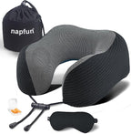 napfun Neck Pillow for Travel with Travel Pouch, Sleep Mask & Earplugs, Memory Foam Airplane Pillow for Headrest Sleep with Eyeshades, Plane Essentials with Eye Blindfold, Black Striped Kit