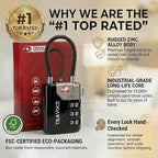 TRAVOCE TSA Approved Luggage Locks - Heavy Duty 3 Digit Combination Cable Lock, Search Alert for Suitcases, Backpacks, Golf Bags, Tents, Violin and Camera Cases, 2 Pack, Black