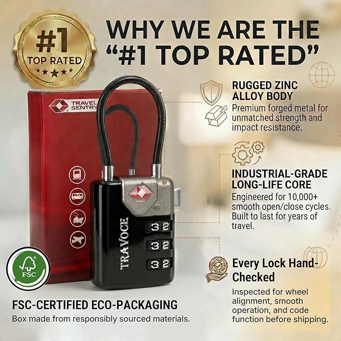 TRAVOCE TSA Approved Luggage Locks - Heavy Duty 3 Digit Combination Cable Lock, Search Alert for Suitcases, Backpacks, Golf Bags, Tents, Violin and Camera Cases, 2 Pack, Black