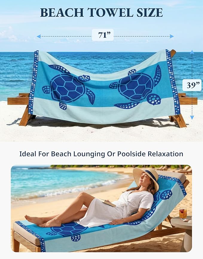 LANE LINEN Beach Towel 2 Pack, Oversized Beach Towel 39"x71", Lightweight Beach Essentials for Women, Large Pool Towel, Absorbent & Quick Dry, Sand Free Beach Towel - Turtle & Coral
