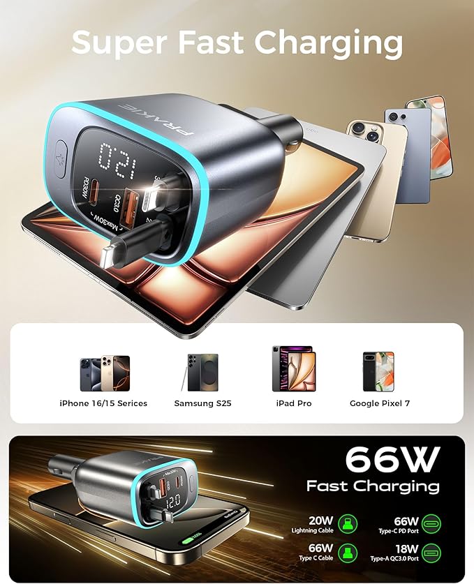 4 in 1 Car Charger, Retractable iPhone Car Charger Fast USB C Phone Charger, Cigarette Lighter with 2 Cable 25 Inch and 2 USB Ports, Multi Port USB Car Charging for iPhone 17/16/15/14/13 Pro Max-2Pack