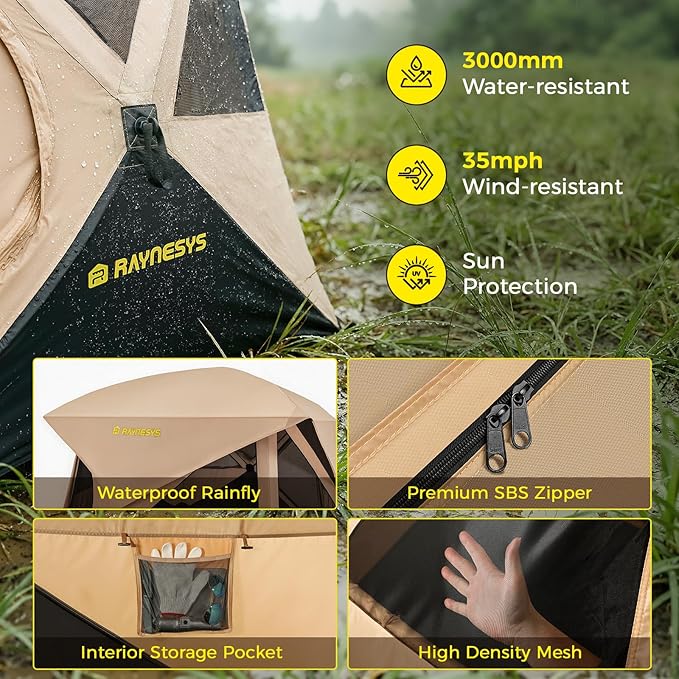 Camping Tent, 4 Person Tent for Camping, Setup in 60 Seconds, 4 Person Pop up Tents, Hub Tents, Water-Resistant, Windproof, Instant Cabin Tents with Rainfly & Carry Bag for Outdoor Camping