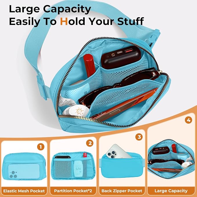 Belt Bag Zipper Fanny Pack Crossbody Bags for Women,Fashion Nylon Waist Packs, Water Repellent Two Way wear with Adjustable Strap Gifts for Teenage Girls Women Men (lake blue)