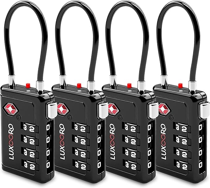 TSA Approved Luggage Lock with Alert Indicator, 4-Digit Resettable Combination, Durable Zinc Alloy Travel Lock for Suitcase, Backpack, Toolbox, Locker, All-Purpose, keyless – Black (4 Pack)