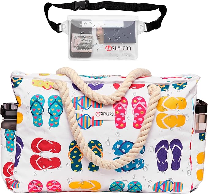 Beach Bag and Pool Bag Has Cooler Pocket, 7 Pockets Total, Zip Top. Family Size Waterproof Beach Tote