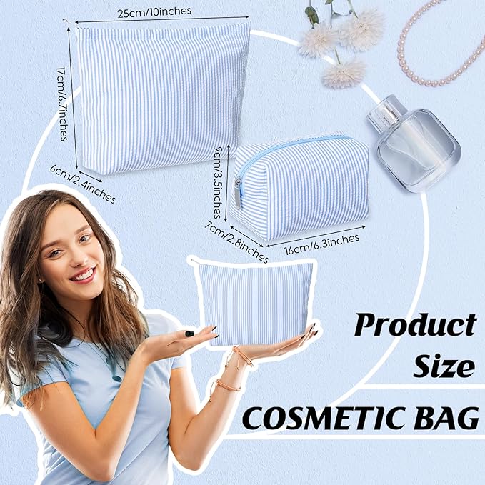 Huhumy 2 Pcs Makeup Bag Set Cute Cosmetic Pouch for Women Seersucker Travel Toiletry Bag Preppy Small Makeup Purse Pouch Aesthetic Skincare Brushes Storage Organizer for Valentine Women(Blue)