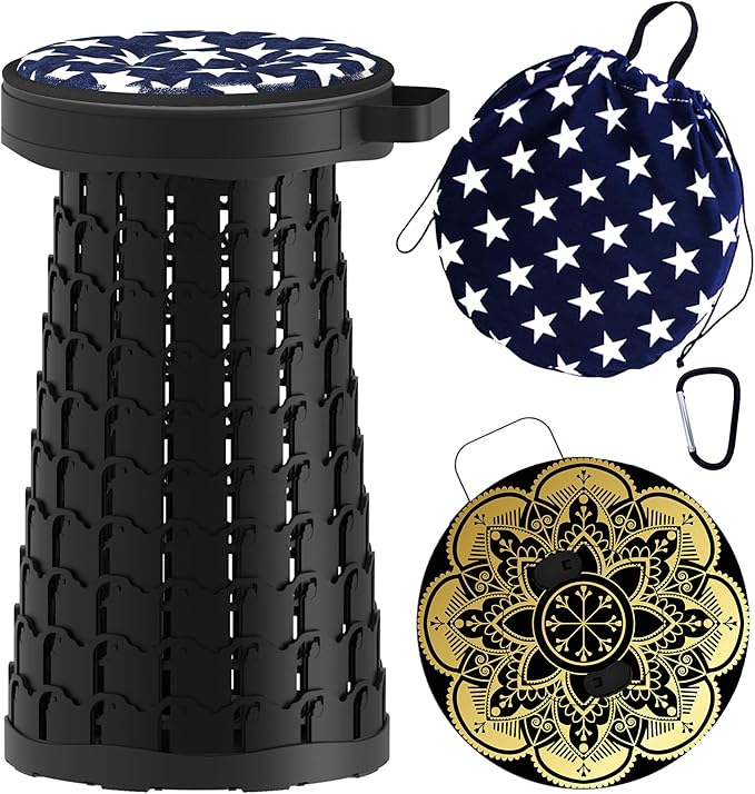 ALEVMOOM Upgraded Telescoping Collapsible Stool with Cushion, Folding Stool with Printing Portable Retractable Foldable Seat Max Load 600lbs for Adults Camping Fishing Outdoor