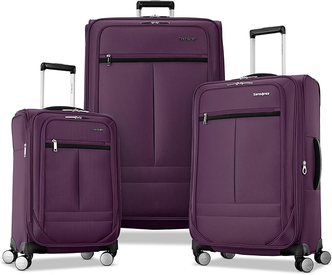 Samsonite 3-PC Soft-Sided 21/25/29” (Carry-On, Medium, Large Checked), Lightweight Expandable Element Luggage Set: 2 Front & Side Pocket, Four Spinner Wheels, Adjustable Handle, Durable- Purple