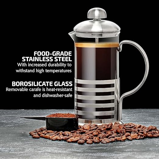 OVENTE French Press Coffee Maker 34 Ounce with Heat Resistant Borosilicate Glass, Stainless Steel Design and 4-Level Filter System, Portable Cold Brewer Pot for Travel, Camping or Gift, Silver FSH34S