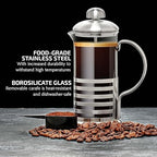 OVENTE French Press Coffee Maker 34 Ounce with Heat Resistant Borosilicate Glass, Stainless Steel Design and 4-Level Filter System, Portable Cold Brewer Pot for Travel, Camping or Gift, Silver FSH34S