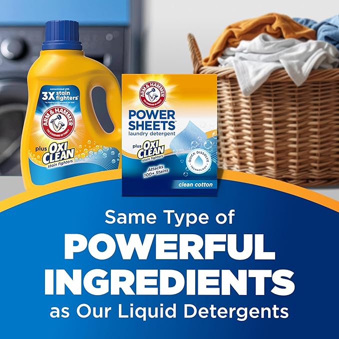 ARM & HAMMER Power Sheets Laundry Detergent Plus OxiClean Stain Fighters, Clean Cotton Scent, 52 Count, 104 Medium Loads