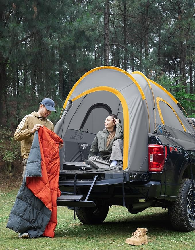 JOYTUTUS Pickup Truck Tent 5ft 2.0, Waterproof PU2000mm Double Layer for 2 Person, Portable Truck Bed Tent with Rainfly - Orange, Aluminum Pole