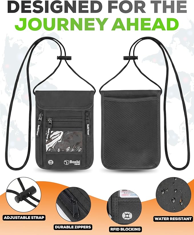 RFID Travel Neck Wallet - Black | Sleek, Secure Passport Holder and Money Pouch with Adjustable Neck Strap for Men and Women to Keep Cash, Credit Cards and Travel Documents Safe.