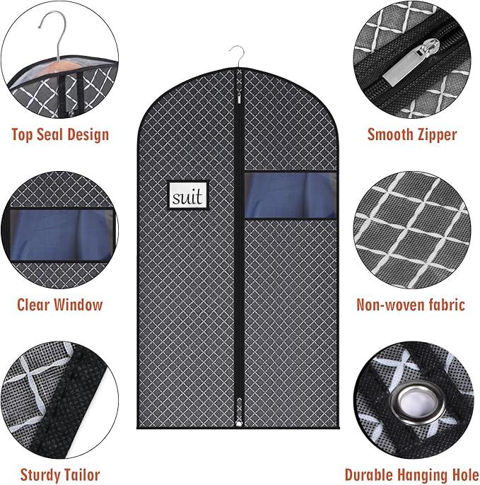 Univivi Suit Bags for Closet Storage and Travel, 40 Inch Hanging Garment Bags for Men Suit Cover with Clear Window and ID Card Holder for Suit Jacket, Shirt and Coat, 5 Pack, Black