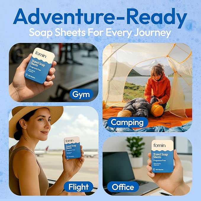 FOMIN - Antibacterial Paper Soap Sheets Tin for Traveling - 300 Variety (Unscented, Orange, Lavender) Portable Travel Hand Soap Sheets, Dissolvable Mini Camping Hand Soap for Hand Washing and Camping