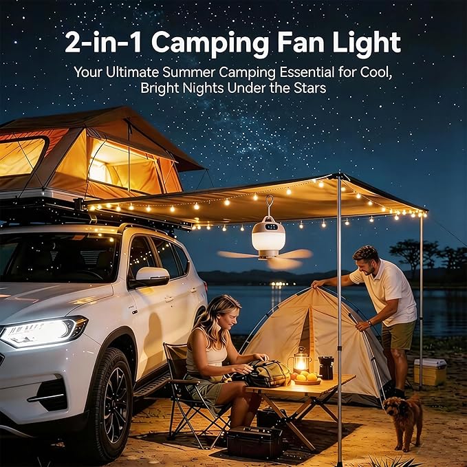 Camping Fan with Light & Remote, Portable Ceiling Fan for Tents, Canopy, Beach, RV, Car, Camper & Outdoor, Wireless Rechargeable Hanging Pop up Tent Fan - 3 Speed Breeze & Timer, 10.63 Inch