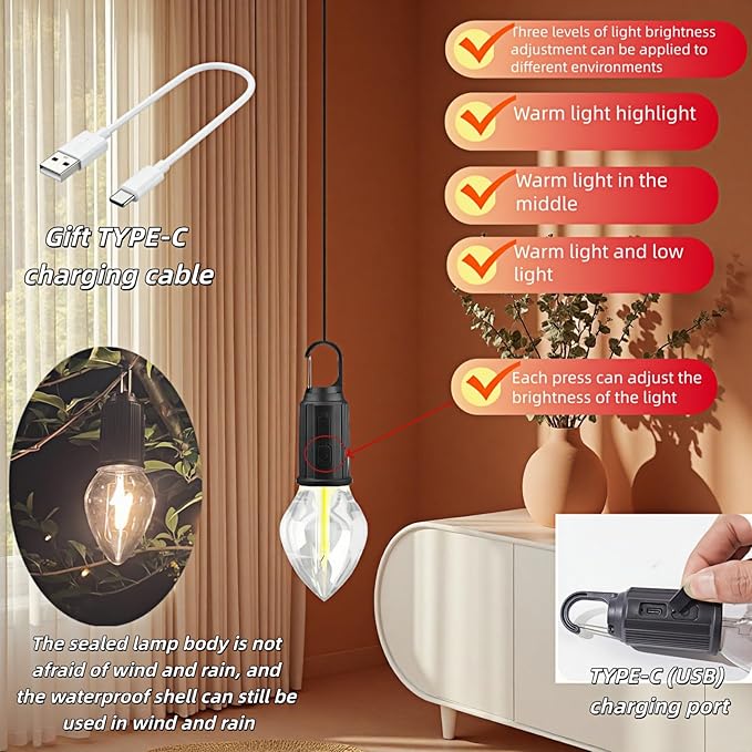 Portable LED Camping Lantern，Hang Anywhere Hook, USB-C Rechargeable, 3 Brightness Modes, Water Resistant for Emergency, Tent, Hiking, Power Outage& Outdoor (Black 1PCS) (T03)