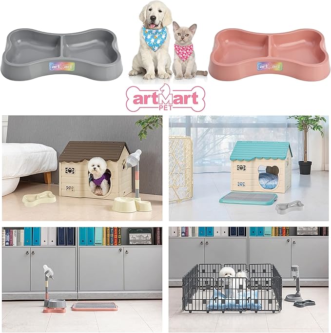 Set of 2 Lightweight Small Dog Puppy Cat Food and Water Bowls 6 oz Double Pink Plastic Portable Outdoor Travel Dish (Pink and Gray Set)