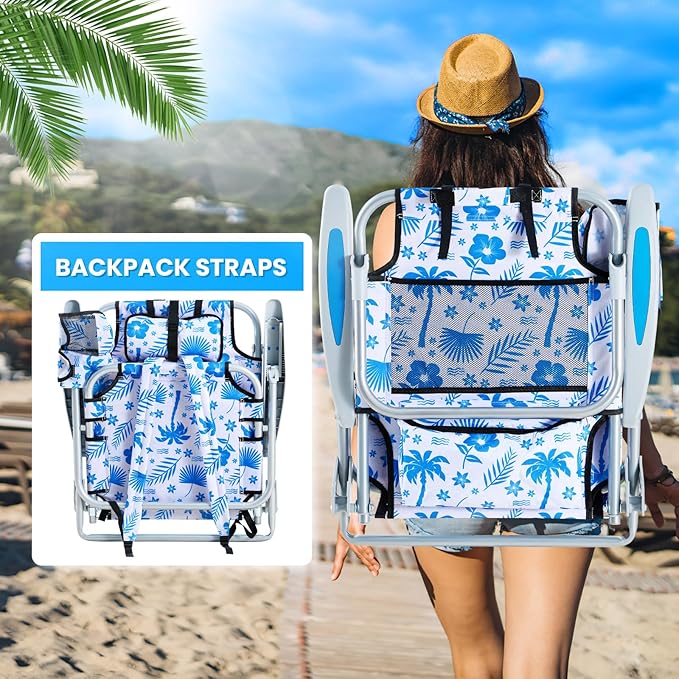 2 Pack Lightweight Portable Camping Beach Chair for Adults, Outdoor Lay Flat Folding Beach Chairs with 5 Positions, Backpack Beach Chair with Towe, Zipper Pouch, Cup Holder, Blue Coconut Tree
