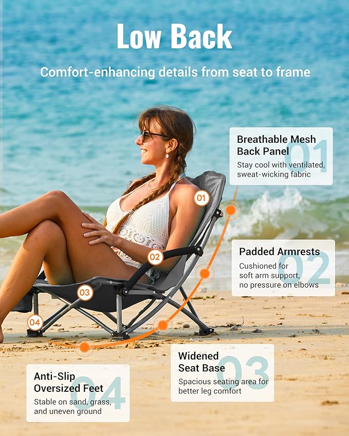 KingCamp Low Beach Chair, High Back Folding Camping Chair for Adults, Oversized Breathable Mesh Seat, 300lbs Heavy Duty Portable Chair with Cup Holder & Storage Pockets for Beach, Outdoor