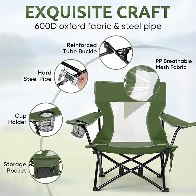 HaSteeL Folding Beach Chair Set of 2, Foldable Green Camping Chairs for Outside, Low Beach Chair Portable for Adults Fishing, Picnic, Outdoor BBQ, Travel, Sports, Cup Holder & Storage Bag