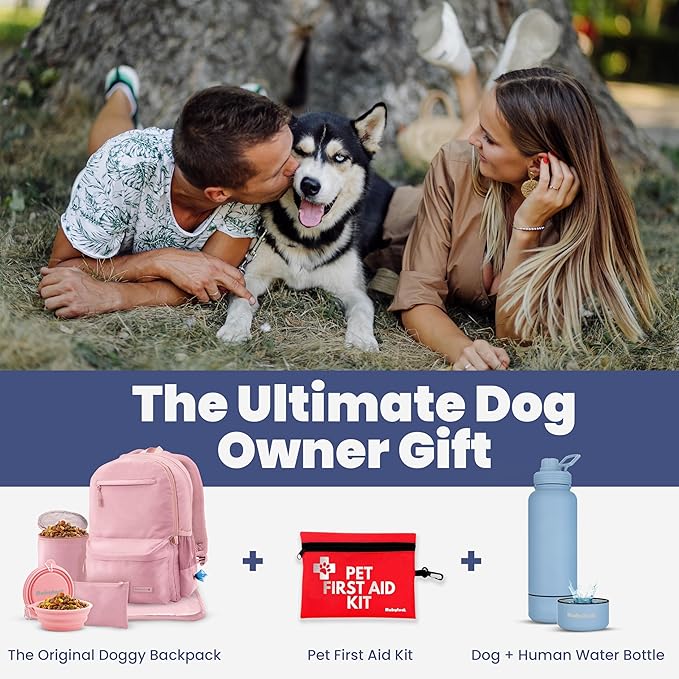 Dog Travel Bag for Supplies - Complete Dog Diaper Bag Backpack with 2 BPA-Free Travel Bowls, Treat Pouch, Food Container, Placemat & Laptop Sleeve – for Traveling, Road Trips, Hiking: Dusty Pink