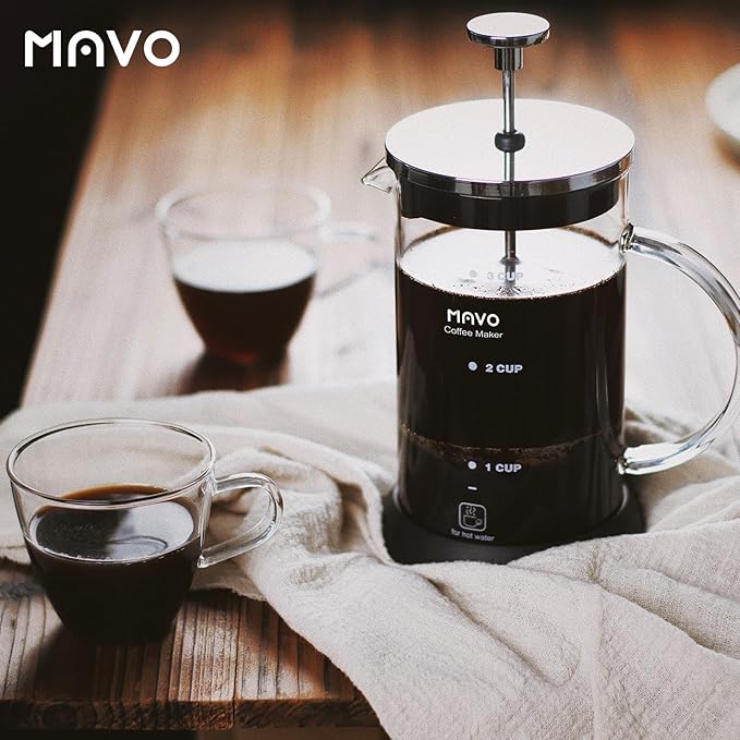 French Press Coffee Maker Stainless Steel Cold Brew Heat Resistant Glass Coffee & Tea Maker with 2 Filter (600ml/20oz)