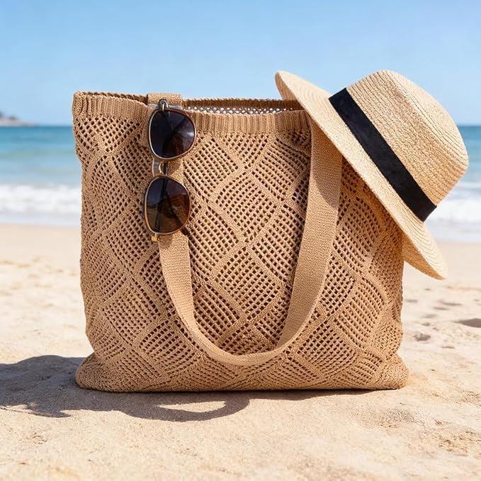 COOKOOKY Crochet Beach Tote bag Summer Beach Bag for Women Aesthetic Mesh Tote Bag Hippie Bag Knit Bag